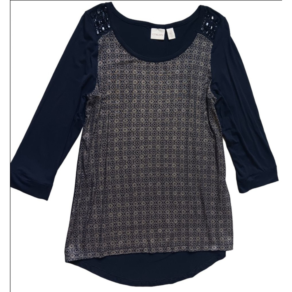 Women's Chico's Top Size 0 Blue & Gold Embellished 3/4 Sleeve